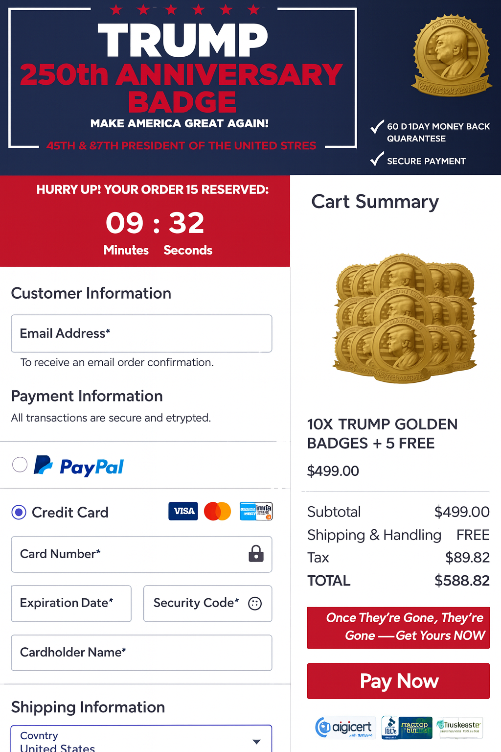 Trump 250th Anniversary Golden Badge payment page